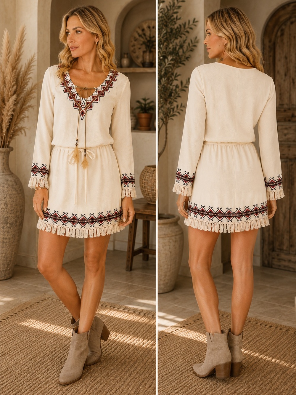 Miss Me Embroidered Boho Fringe Dress | Cream | Size S | Lined | A-1830